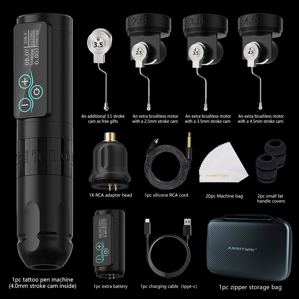 Ambition Vibe 2400mAh Brushless Motor 2.5/3.5/4.0/4.5mm Professional Wireless Tattoo Machine Pen Kits with 3pcs Spare Motor