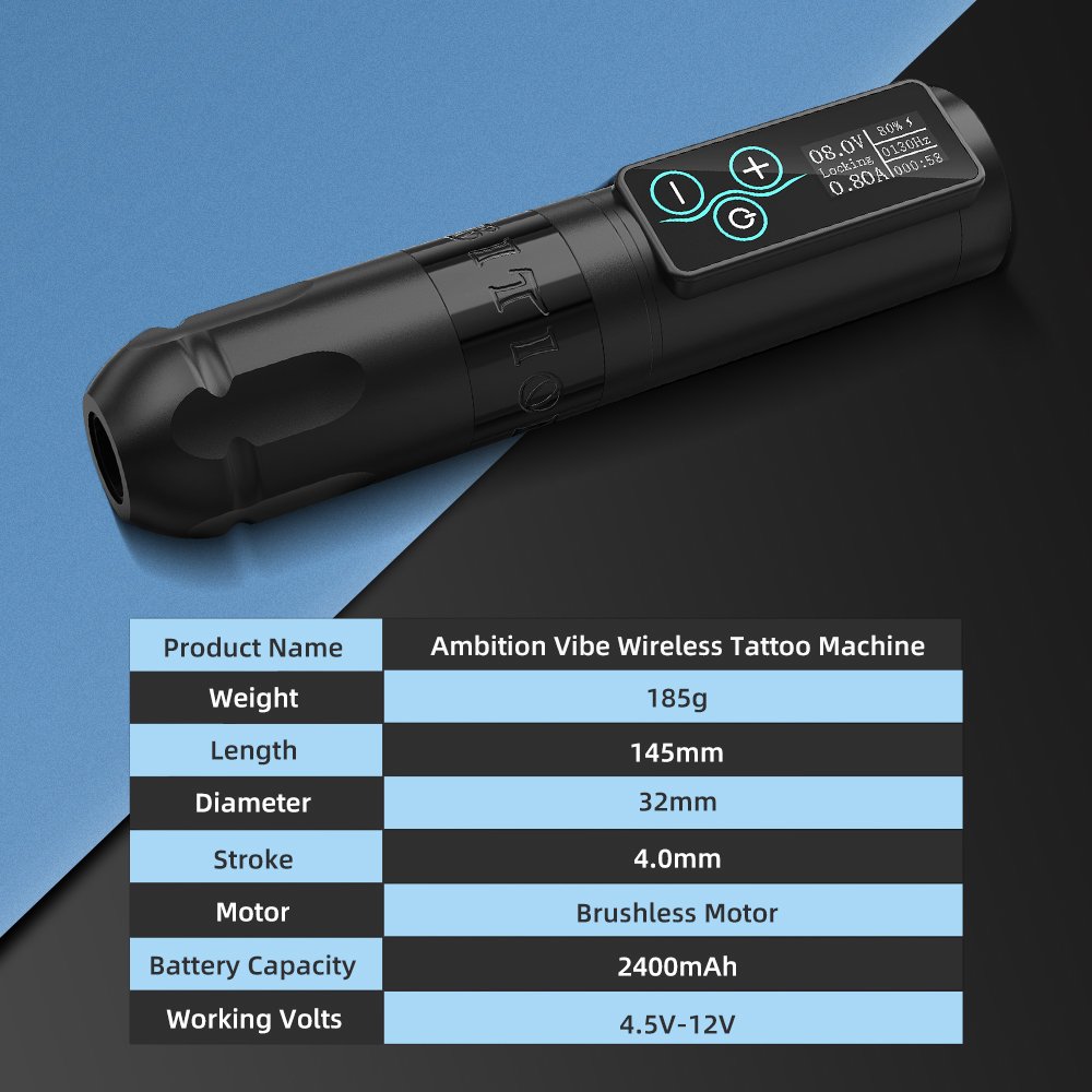 Ambition Vibe 2400mAh Brushless Motor 2.5/3.5/4.0/4.5mm Professional Wireless Tattoo Machine Pen Kits with 3pcs Spare Motor
