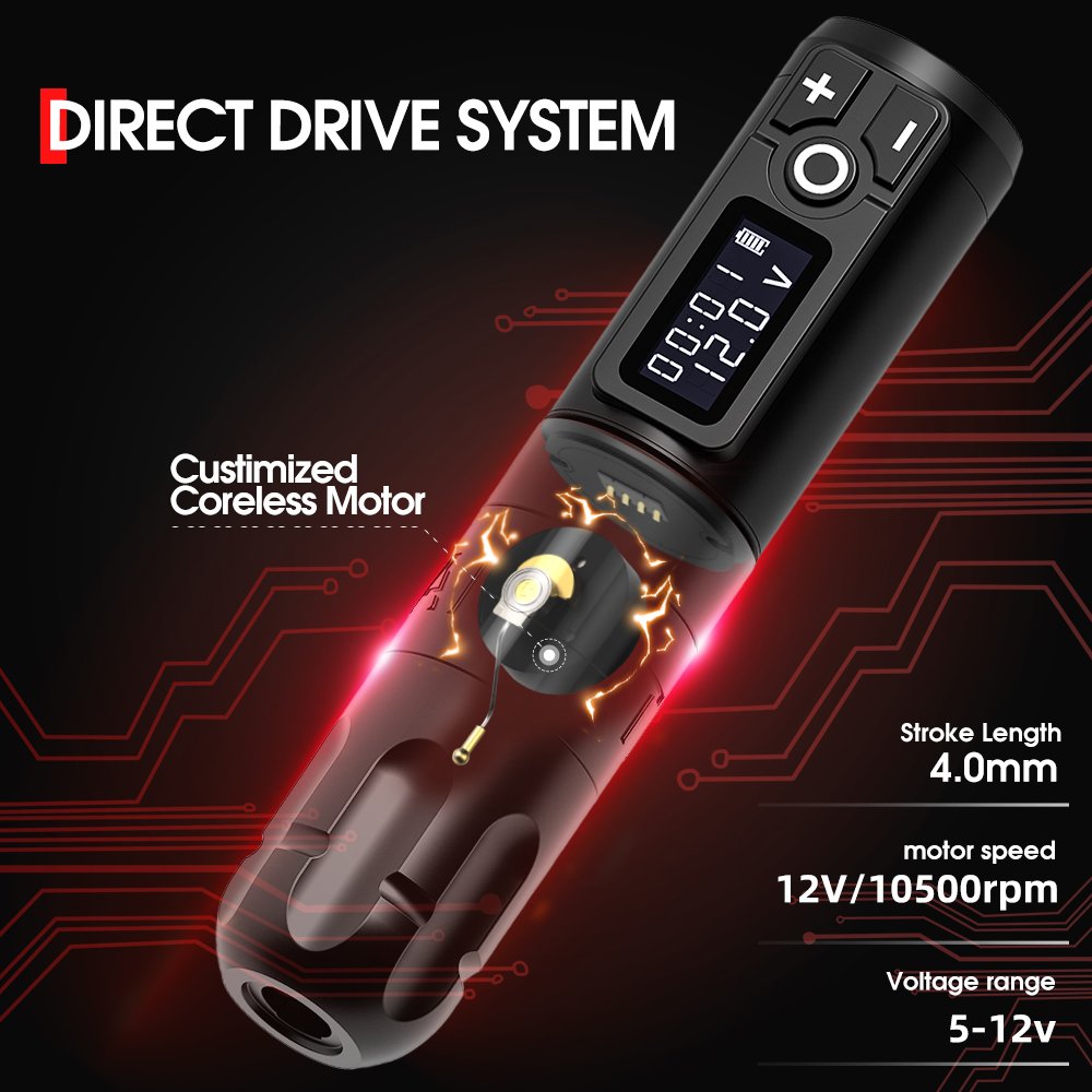 Ambition Soldier 2400mAh Powerful Coreless Motor 4mm Stroke Wireless Rotary Tattoo Pen Machine with Double Battery for Body Art