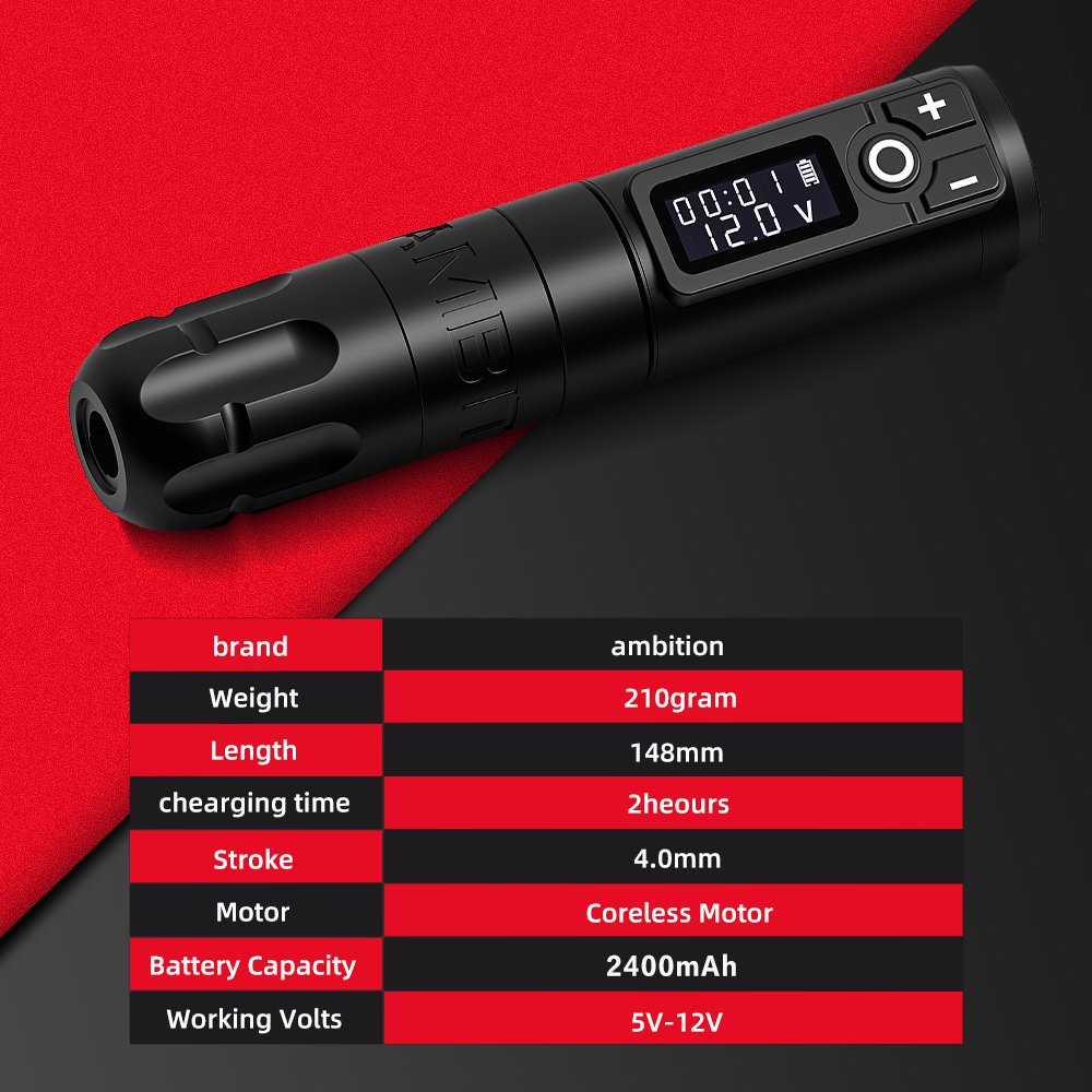Ambition Soldier 2400mAh Powerful Coreless Motor 4mm Stroke Wireless Rotary Tattoo Pen Machine with Double Battery for Body Art