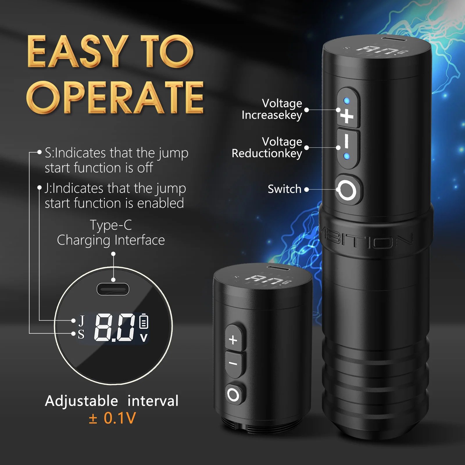 Ambition Flash Max 2400mAh 4mm Stroke Powerful Brushless Motor Straight Drive Rod Wireless Tattoo Machine Pen for Body Art