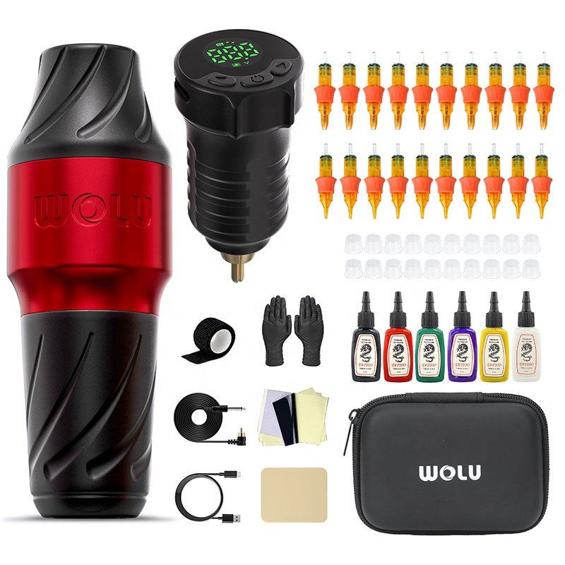 Wholesale Flux Portable Wolu Red Electric Adjustable Stroke Eyebrow Tattoo Gun Pen Set Rotary Wireless Full Tattoo Machine Kit