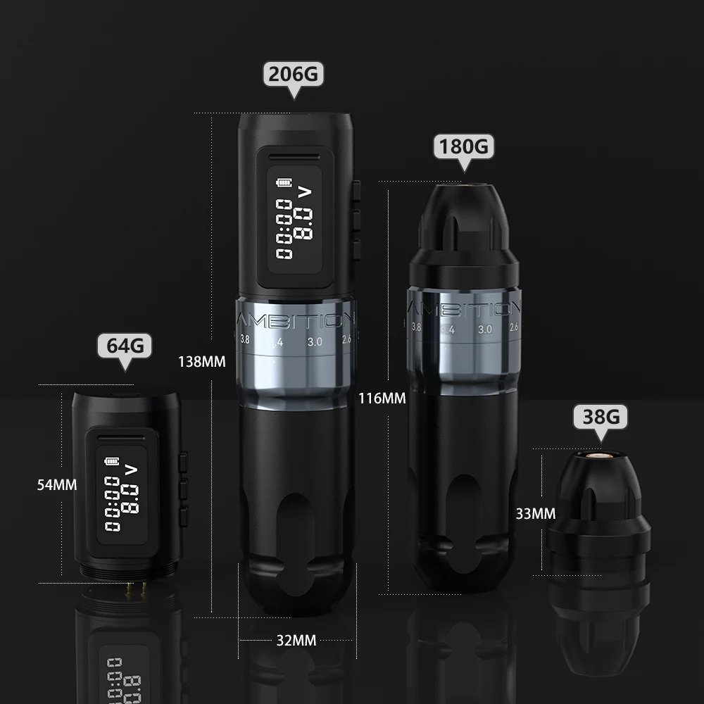 Ambition Mars-U 2.2-4.2mm Adjustable Stroke Professional Wireless Rotary Tattoo Pen Machine Complete Full Kit Set for Body Art