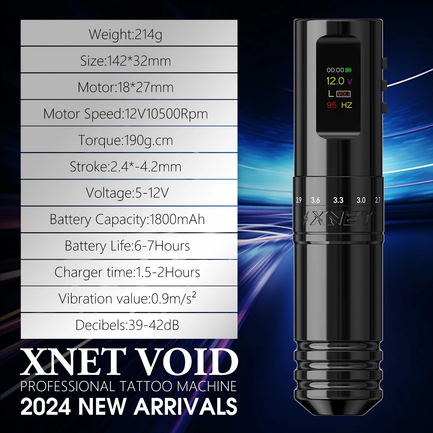 XNET Void 1800mAh Digital Display 2.4-4.2mm Adjustable Stroke Professional Wireless Tattoo Pen Machine for Artist Body Art