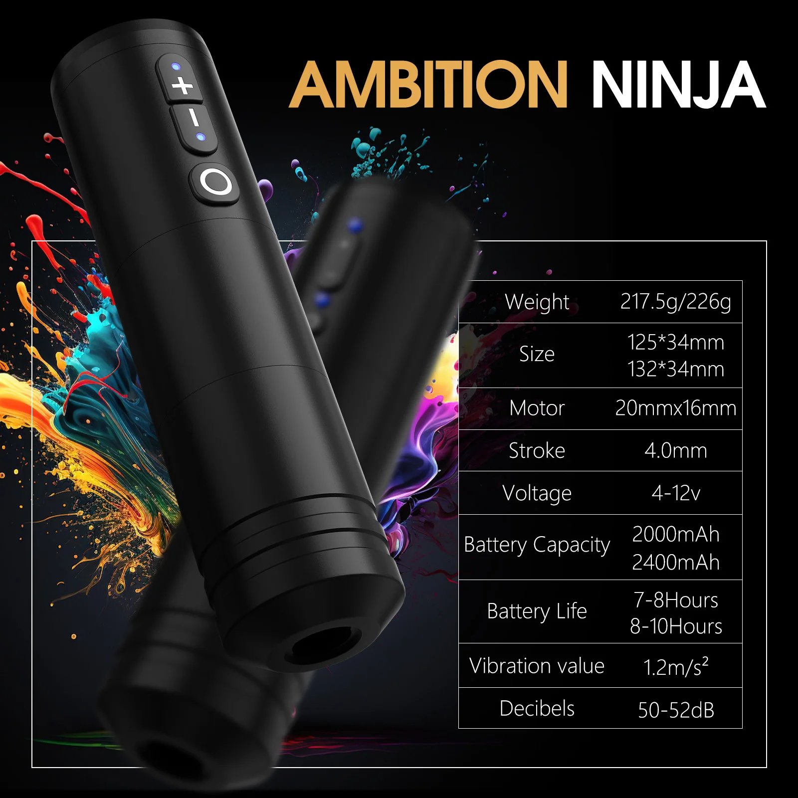 Ambition Ninja 2400mAh 4mm/3.5mm Stroke Digital Display Professional Wireless Rotary Tattoo Pen Machine for Body Art