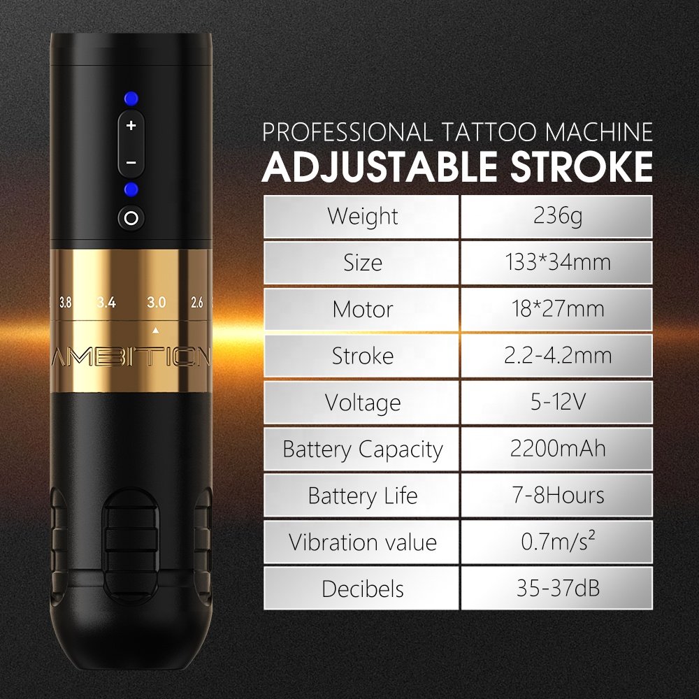 Ambition Seher 2.2-4.2mm Adjustable Stroke Wireless Rotary Tattoo Pen Machine with Double Battery for Artist Body Art