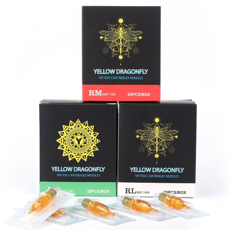 20pcs/box Tattoo Cartridges Needles YELLOW DRAGONFLY 3RL 5RL flat Factory Wholesale OEM/ODM logo Disposable for tattoo body art