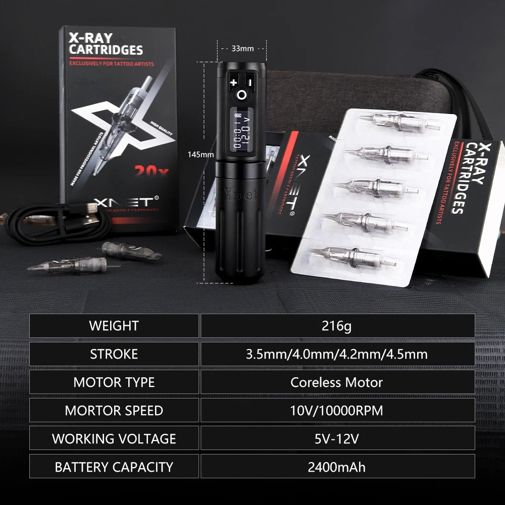 XNET Plus Wireless Tattoo Machine Pen Complete Full Kit Set with Extra 2.5/3.5/4.5mm Multi Stroke 40Pcs Mixed Tattoo Cartridge