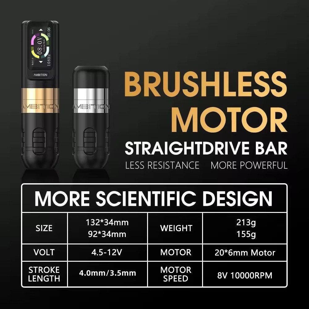 Ambition Zetton 2400mAh 4.0mm/3.5mm Stroke Brushless Motor Professional Wireless Tattoo Machine Pen Complete Full Kit Set