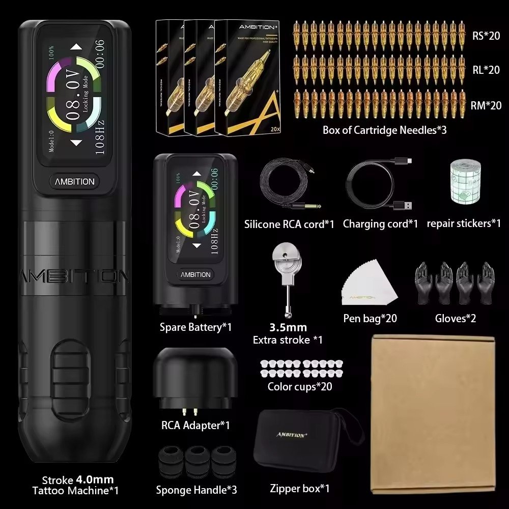 Ambition Zetton 2400mAh 4.0mm/3.5mm Stroke Brushless Motor Professional Wireless Tattoo Machine Pen Complete Full Kit Set
