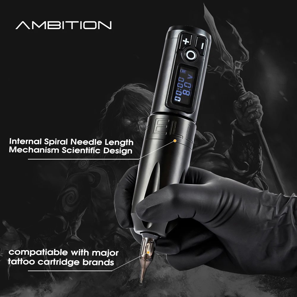 Ambition Trident 2400mAh 4mm Stroke Professional Wireless Rotary Tattoo Pen Gun Machine with Double Battery for Body Art