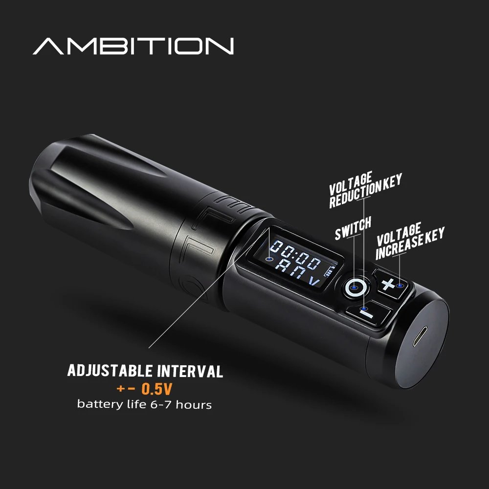 Ambition Trident 2400mAh 4mm Stroke Professional Wireless Rotary Tattoo Pen Gun Machine with Double Battery for Body Art
