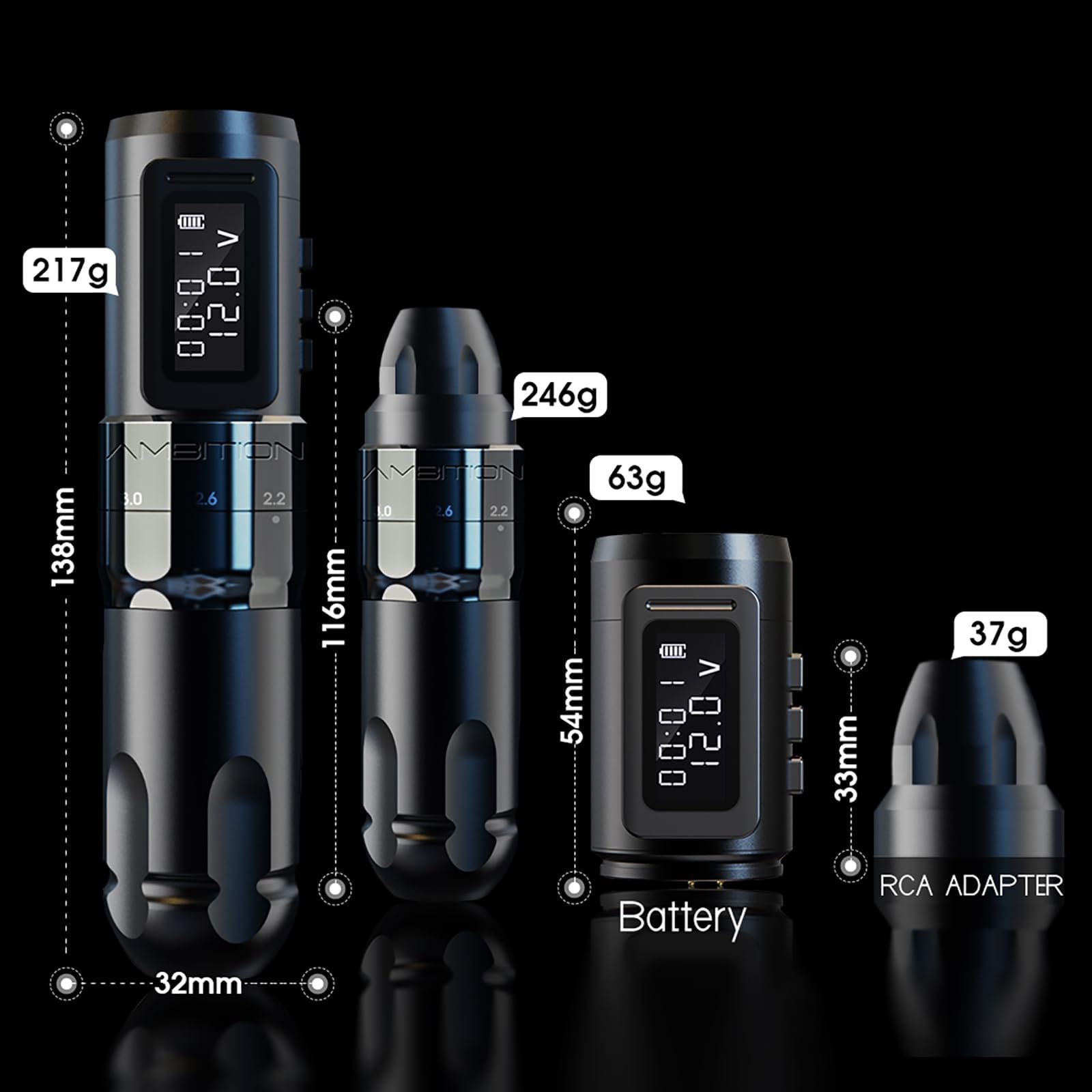 Ambition Mars-U 2.2-2.6-3.0-3.4-3.8-4.2mm Adjustable Stroke Professional Wireless Rotary Tattoo Pen Machine Kit Set for Body Art
