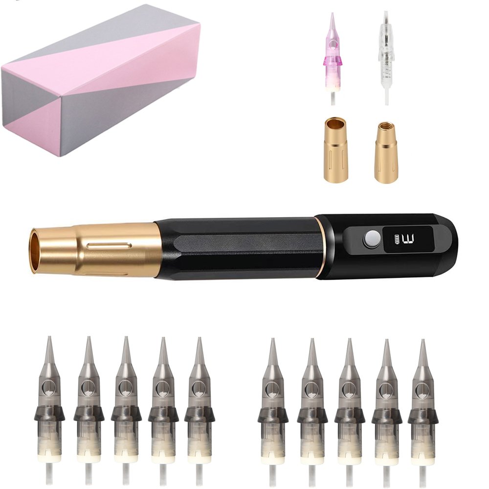 Wireless Tattoo & Permanent Makeup PMU Machine Supplies Kit Rotary Pen With 1RL Needle Cartridge