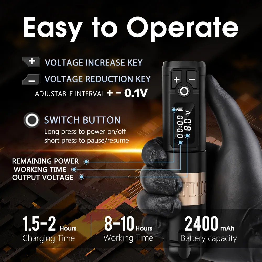 Ambition Soldier 2400mAh Digital Display Professional Wireless Rotary Tattoo Pen Machine with Double Battery for Body Art