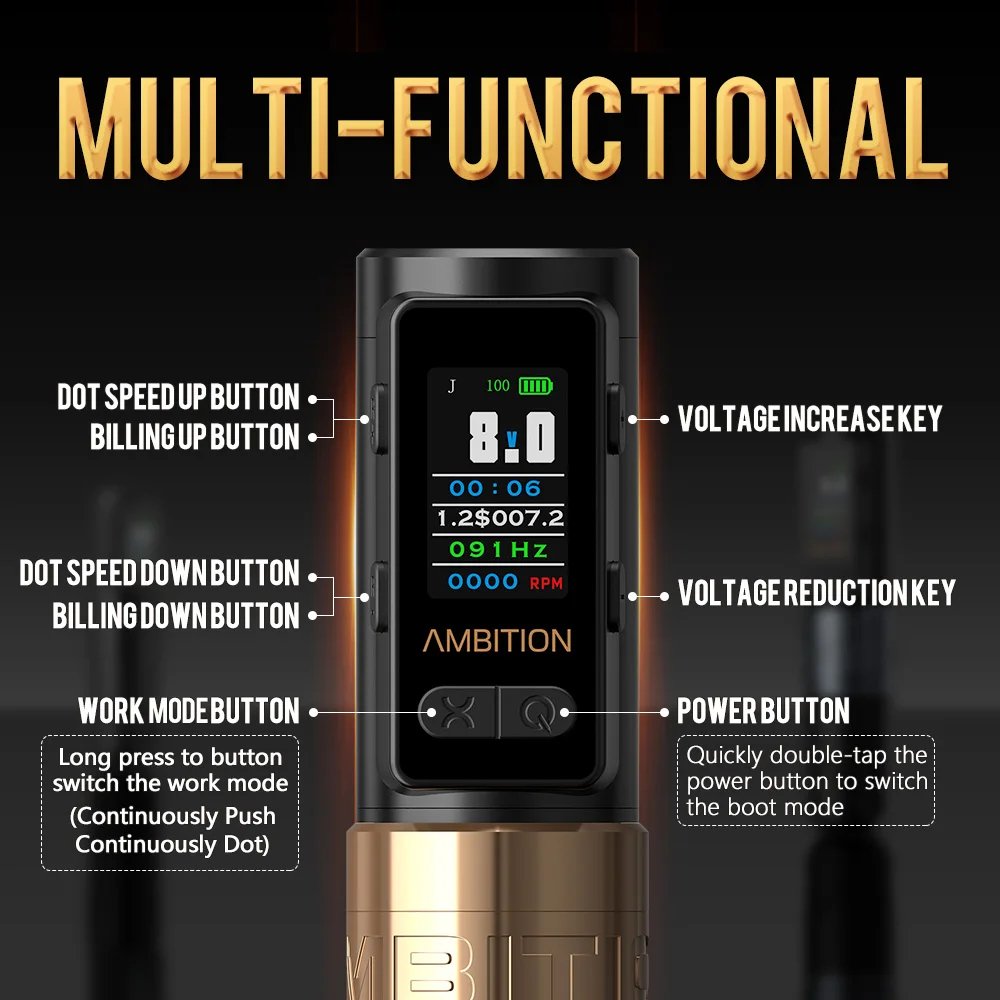 Ambition Soldier Max 2400mAh Double Bearing Straight Rod Professional Wireless Tattoo Machine Pen with Billing for Body Art