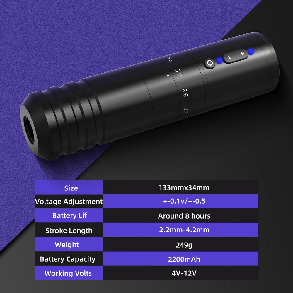 Ambition Paco 2.2-4.2mm Adjustable Stroke Professional Wireless Tattoo Machine Pen with Double Battery for Artist Body Art