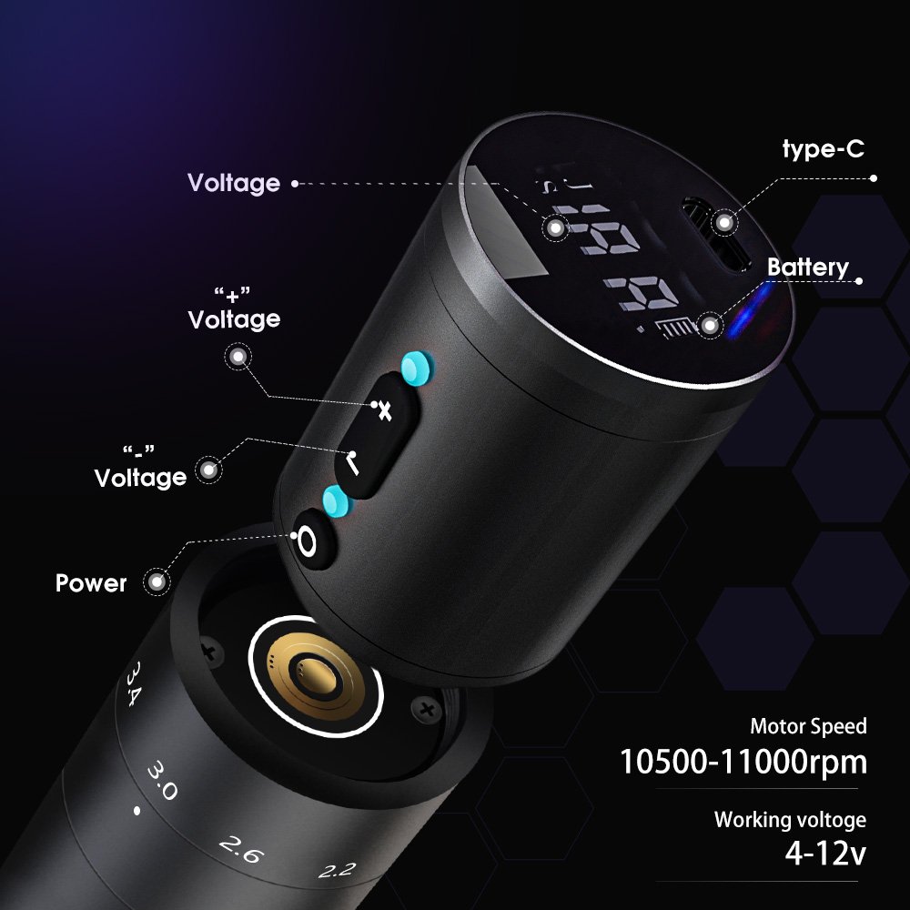 Ambition Paco 2.2-4.2mm Adjustable Stroke Professional Wireless Tattoo Machine Pen with Double Battery for Artist Body Art