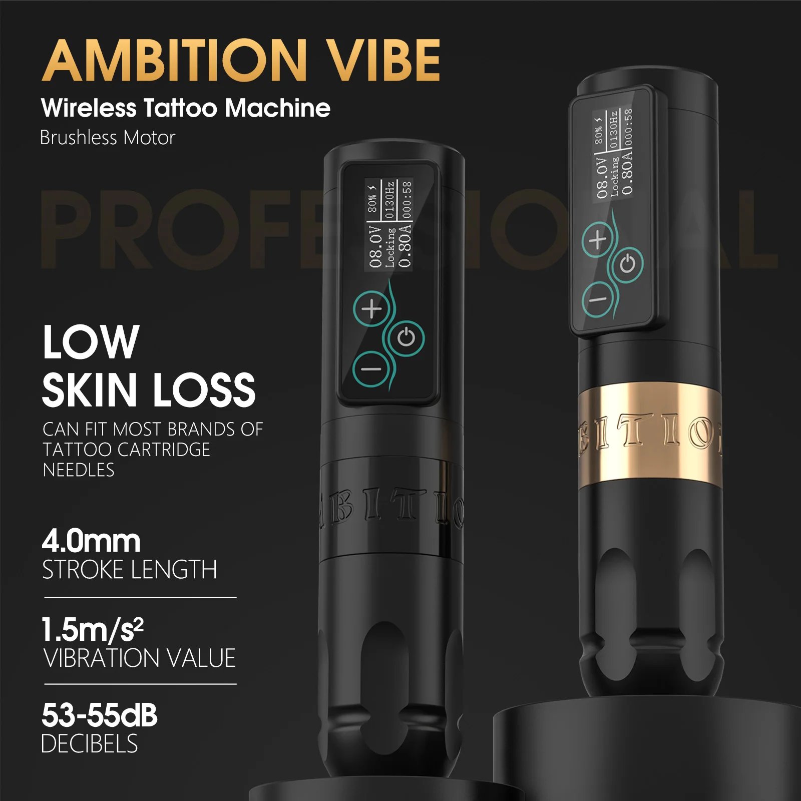 Ambition Vibe 3.5mm/4mm Stroke Brushless Motor Professional Wireless Tattoo Pen Machine With Spare Battery for Body Art