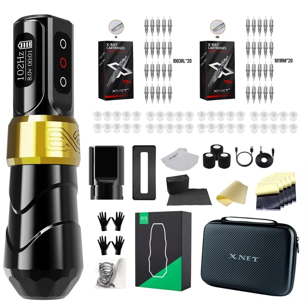 XNET E X O F L U X M A X 2400mAh Digital Professional Wireless Tattoo Pen Machine Complete Full Kit Set with Cartridge Needle