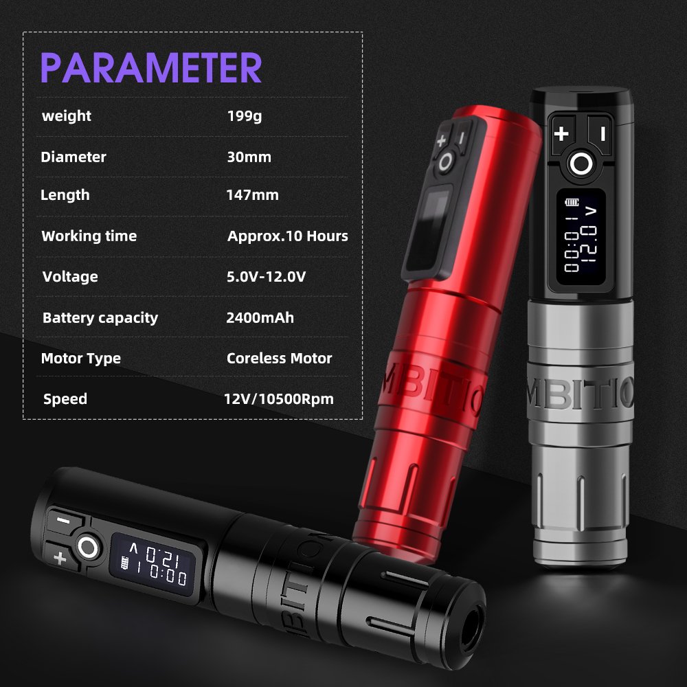 Ambition Storm Wand Powerful Coreless Motor Professional Rotary Wireless Tattoo Machine Pen with RCA Adapter for Body Art