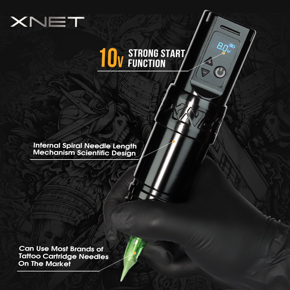 XNET Torch 2400mAh 4mm Stroke Digital Display Professional Wireless Rotary Tattoo Machine Pen Kits with 20pcs Cartridge Needle