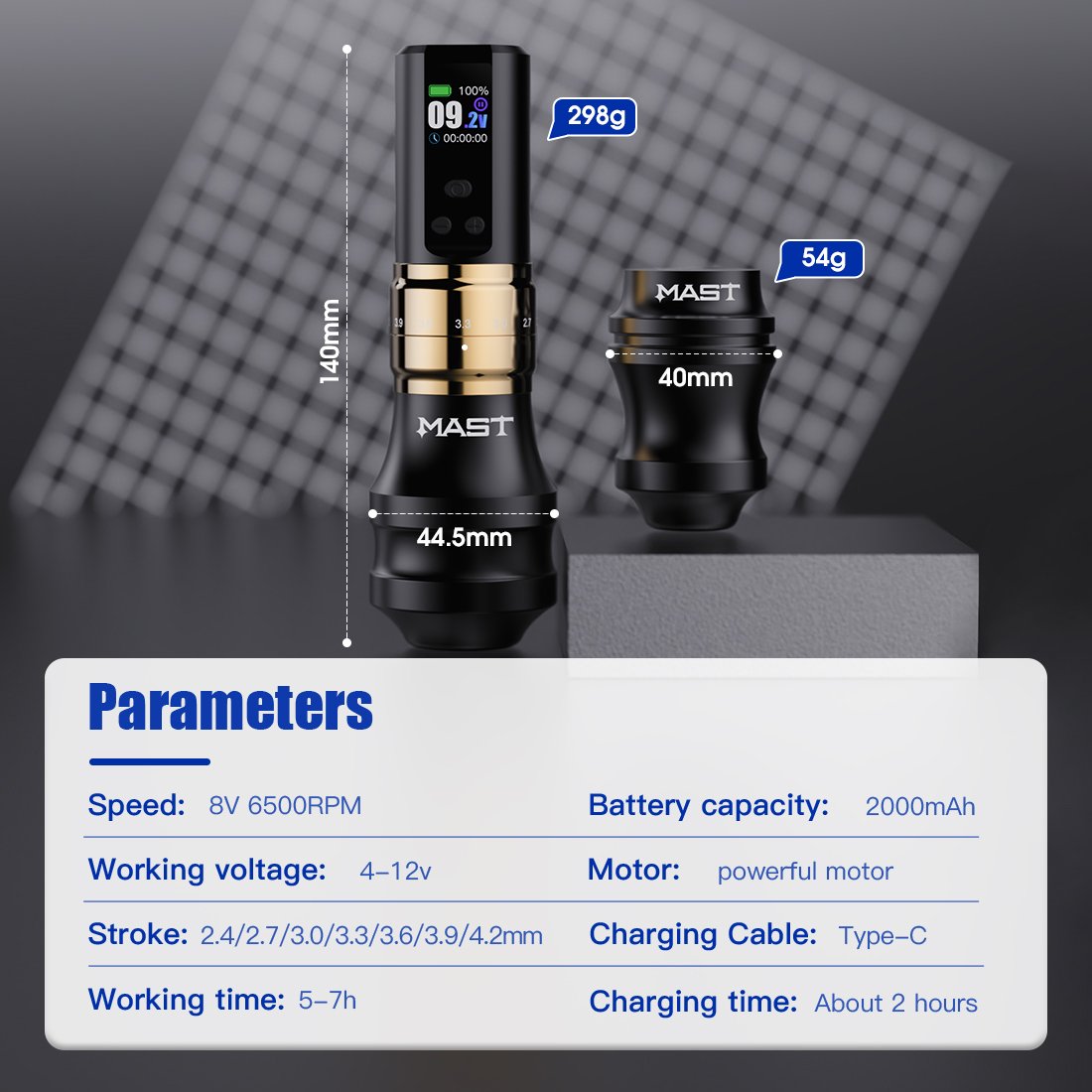 Mast Fold 2 Double Grips 2.4-4.2mm Adjustable Stroke Pmu Permanent Makeup Tattoo Machine Pen Black