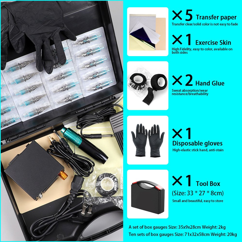 2024 Tattoo Machine Set RCA Cable Tool Box Foot Pedal Gloves Practice Skin Gloves Power Supply 20pcs Needle Cartridge Tattoo Kit