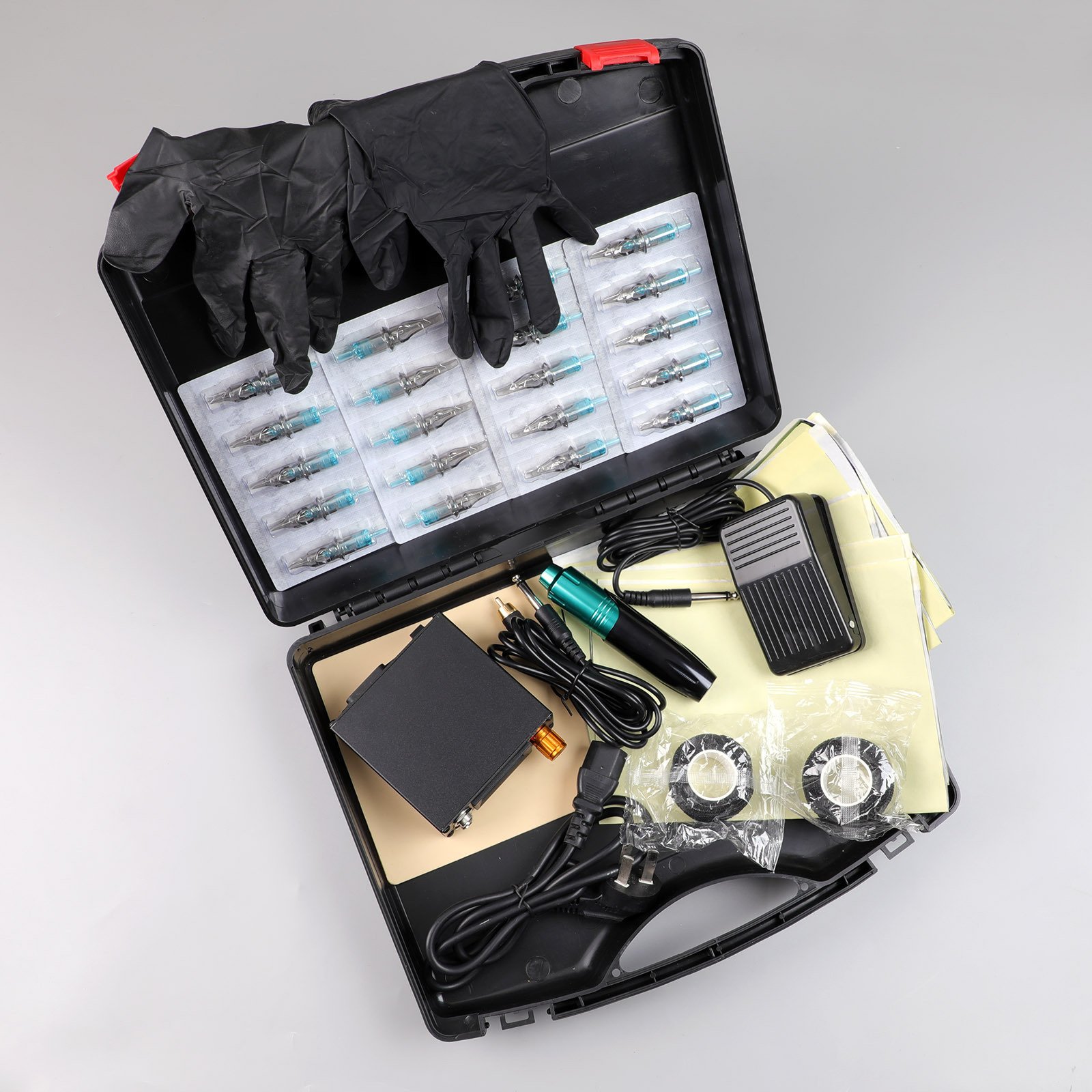 2024 Tattoo Machine Set RCA Cable Tool Box Foot Pedal Gloves Practice Skin Gloves Power Supply 20pcs Needle Cartridge Tattoo Kit