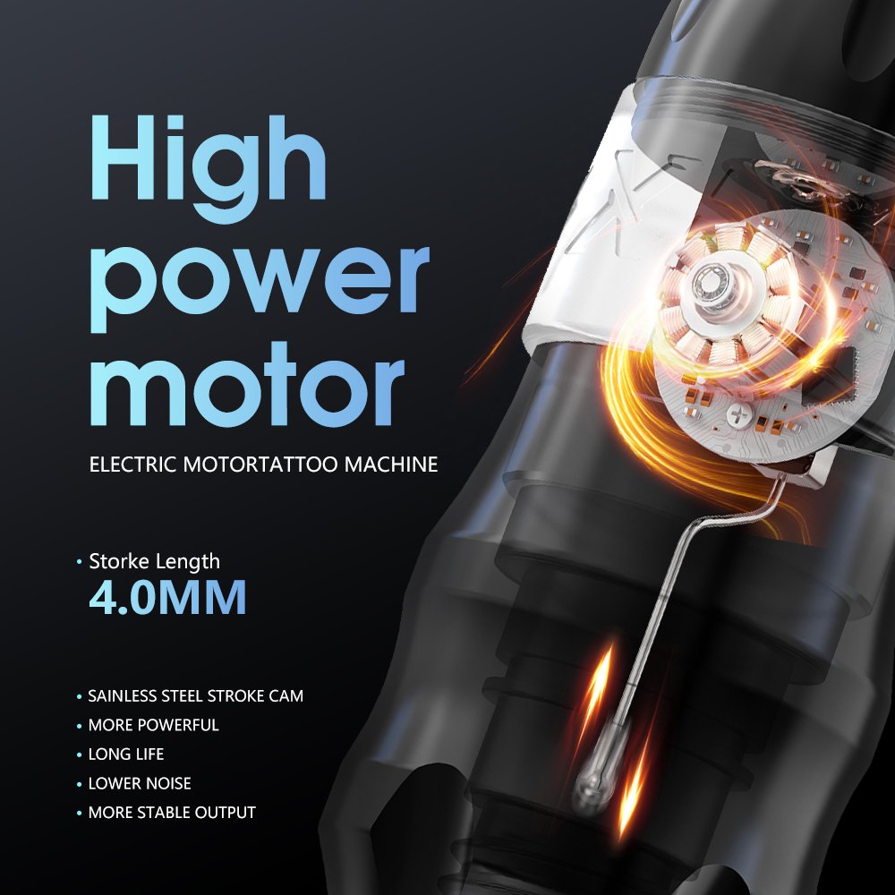 XNET Sita Powerful Brushless Motor 3.5-4.0-4.5mm Stroke Tattoo Machine Rotary Pen and RCA Battery Kit Set with 20pcs Cartridges