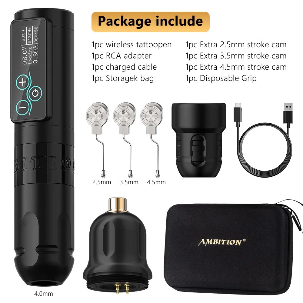 Ambition Vibe 2.5-3.5-4.0-4.5mm Stroke 2400mAh Brushless Motor Professional Wireless Tattoo Pen Machine for Body Art