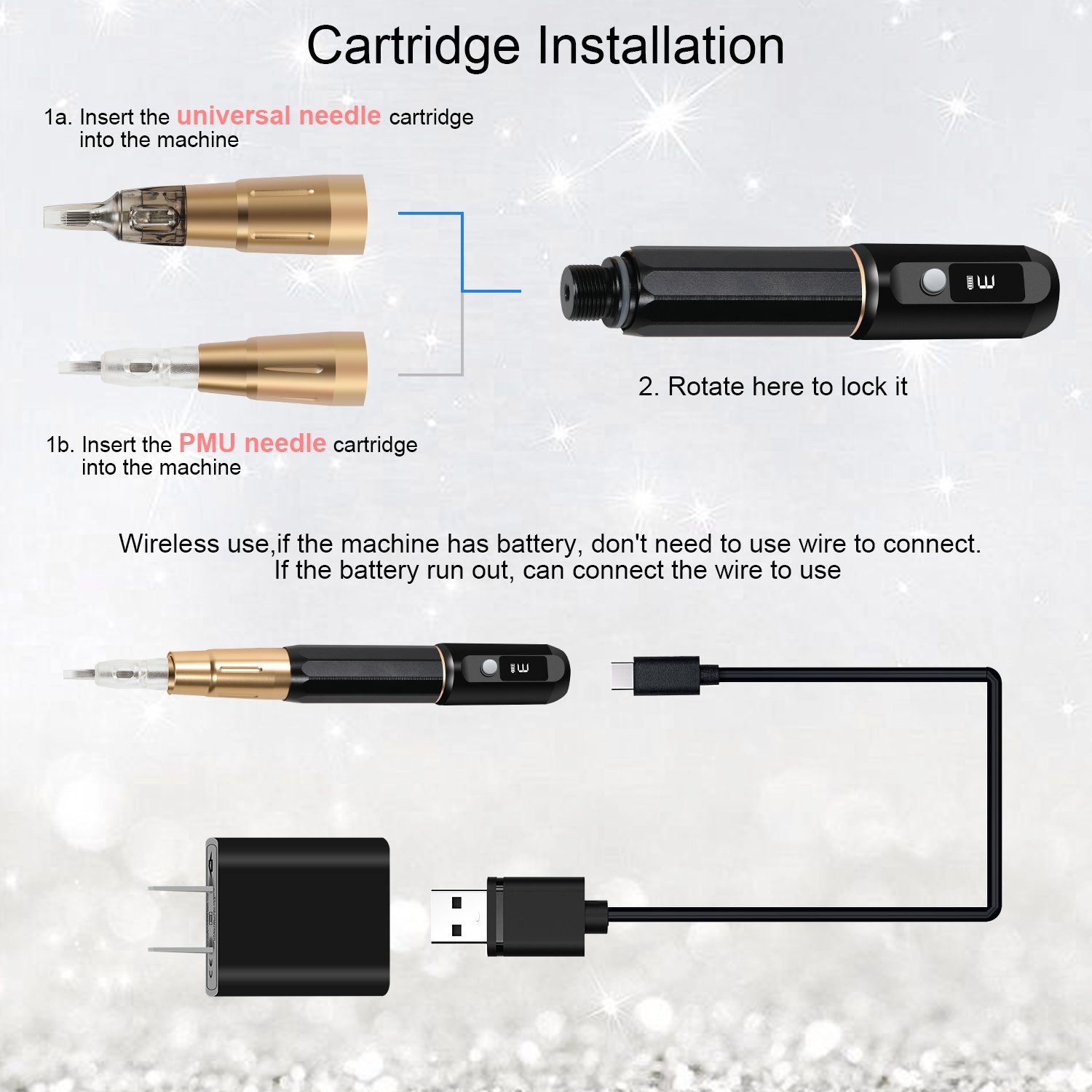 Wireless Dual Port Tattoo Machine Permanent Makeup Pen with Permanent Makeup Needle and Universal Cartridge Needle