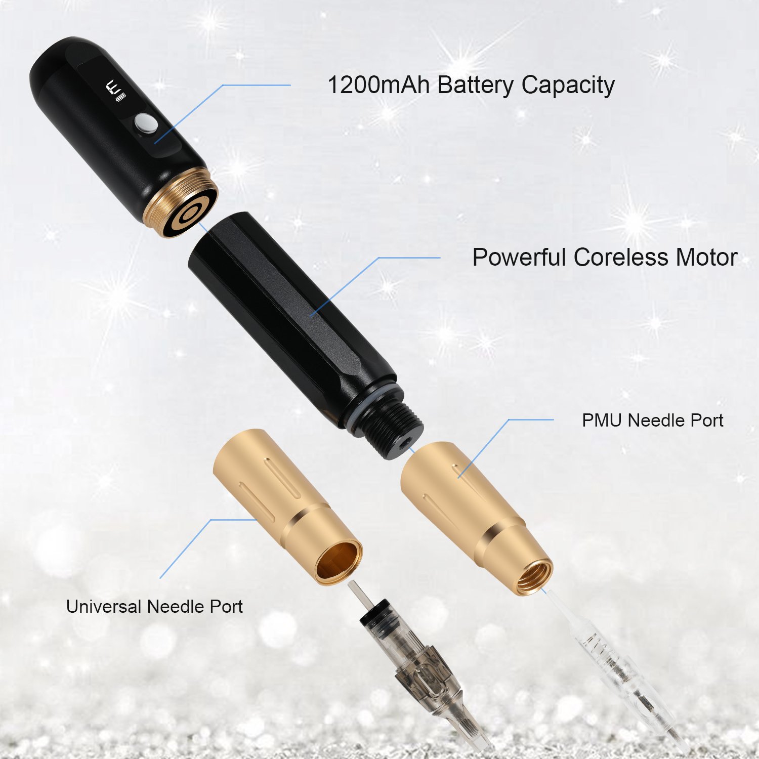 Wireless Dual Port Tattoo Machine Permanent Makeup Pen with Permanent Makeup Needle and Universal Cartridge Needle