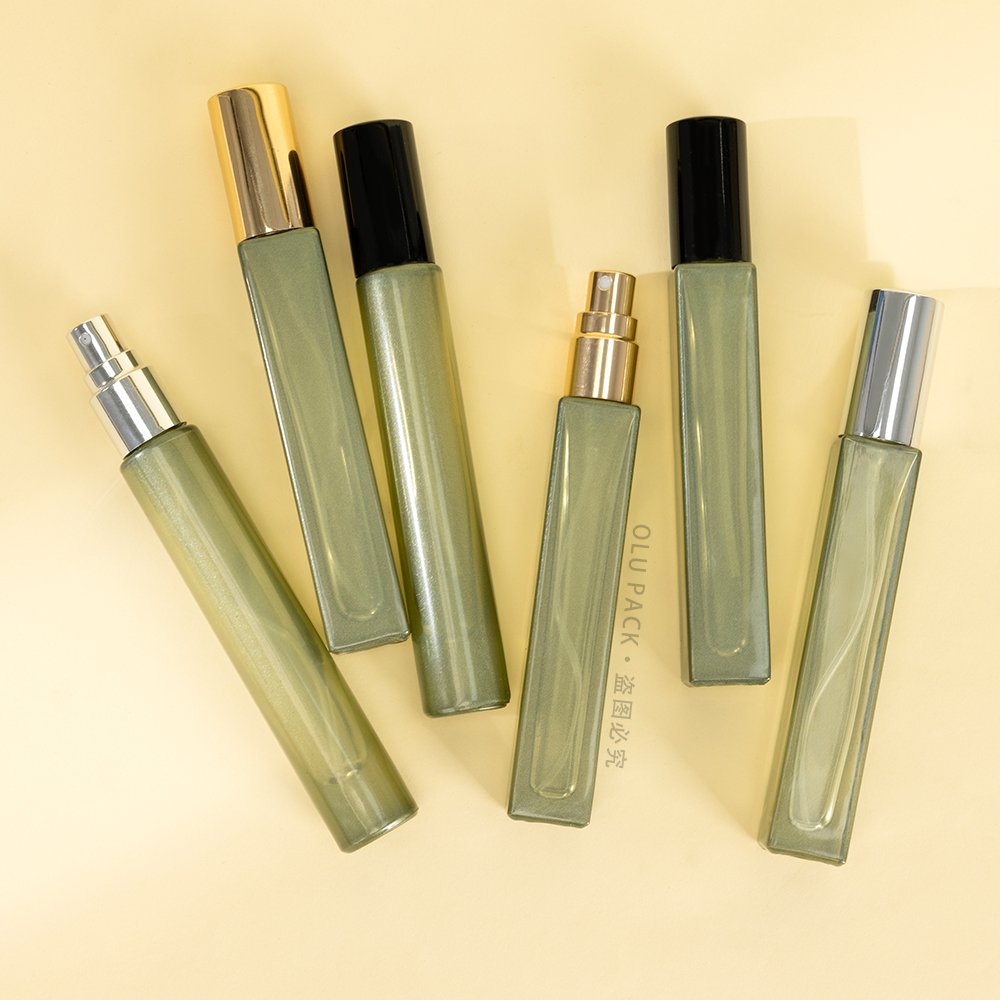 HUIHE PACK Travel Size Mini Portable 10ml 15ml Thick Bottom Slim Tube Serum Atomizer Pump Bottle Lady Green Perfume Glass Bottle