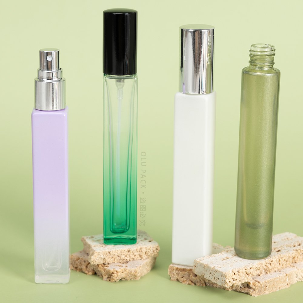 HUIHE PACK Travel Size Mini Portable 10ml 15ml Thick Bottom Slim Tube Serum Atomizer Pump Bottle Lady Green Perfume Glass Bottle