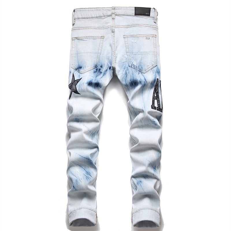 AM European Men's Model 3091 Skinny Pants All-Match Casual Denim Straight Ripped Embroidered Five-Pointed Star Button Stretch
