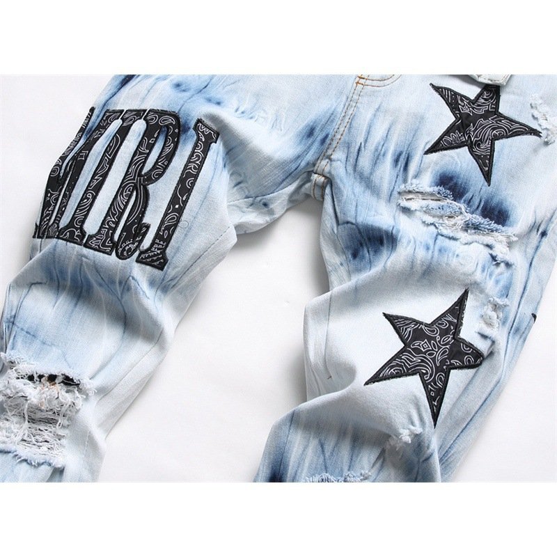 AM European Men's Model 3091 Skinny Pants All-Match Casual Denim Straight Ripped Embroidered Five-Pointed Star Button Stretch