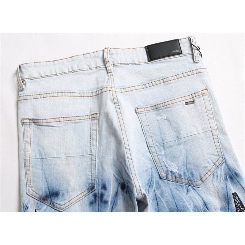AM European Men's Model 3091 Skinny Pants All-Match Casual Denim Straight Ripped Embroidered Five-Pointed Star Button Stretch