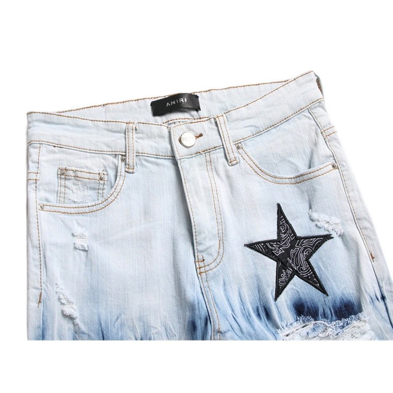 AM European Men's Model 3091 Skinny Pants All-Match Casual Denim Straight Ripped Embroidered Five-Pointed Star Button Stretch