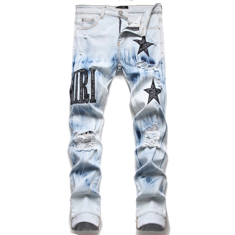 AM European Men's Model 3091 Skinny Pants All-Match Casual Denim Straight Ripped Embroidered Five-Pointed Star Button Stretch