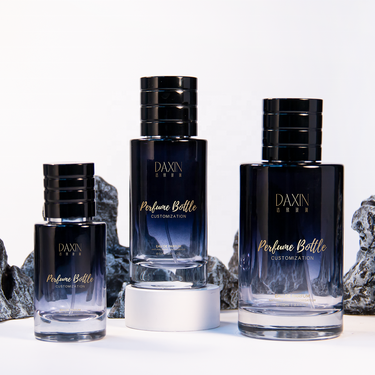 Custom Luxury Gradient Color Dark Blue Cylindrical Glass Perfume Bottle 30ml 50ml 100ml Arab Style Luxury Round Perfume Bottle