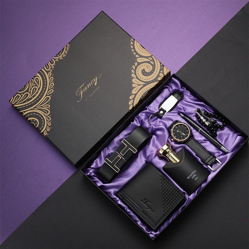 Men's Quartz Watch Leather Belt Perfume Keychain Pen Souvenir Business Gift Set Insurance Professionals