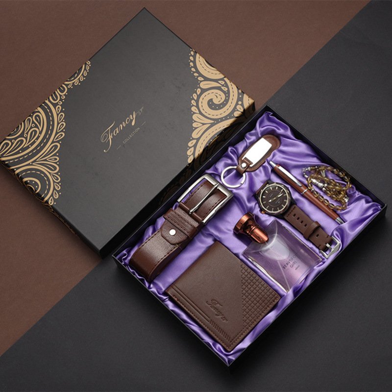 Men's Quartz Watch Leather Belt Perfume Keychain Pen Souvenir Business Gift Set Insurance Professionals