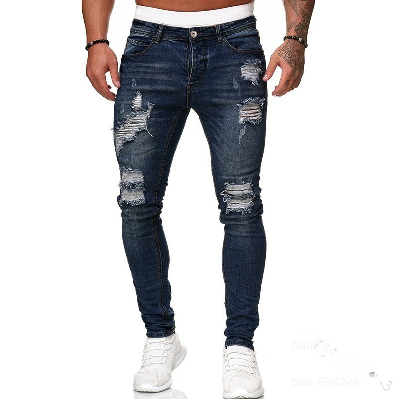 European and American men's fashionable black slim fit denim leggings with a mid waist casual style