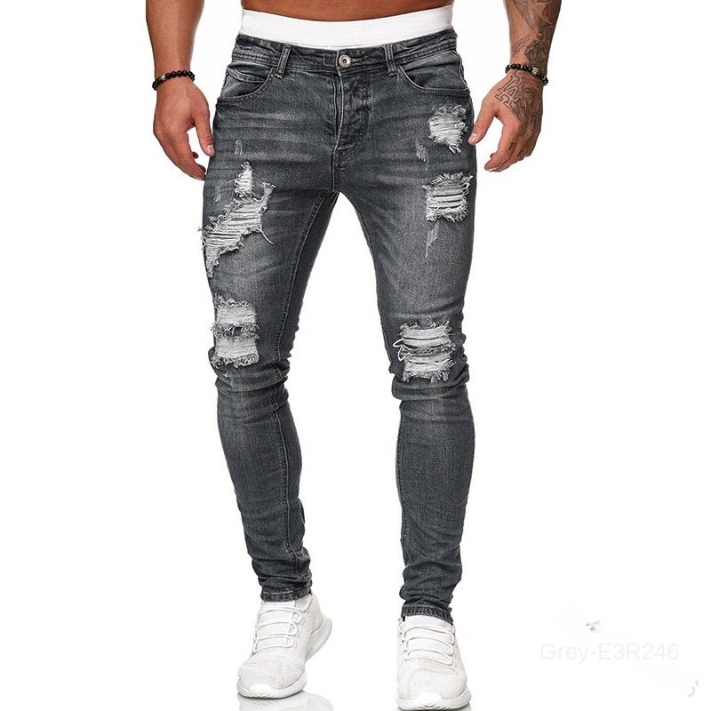 European and American men's fashionable black slim fit denim leggings with a mid waist casual style