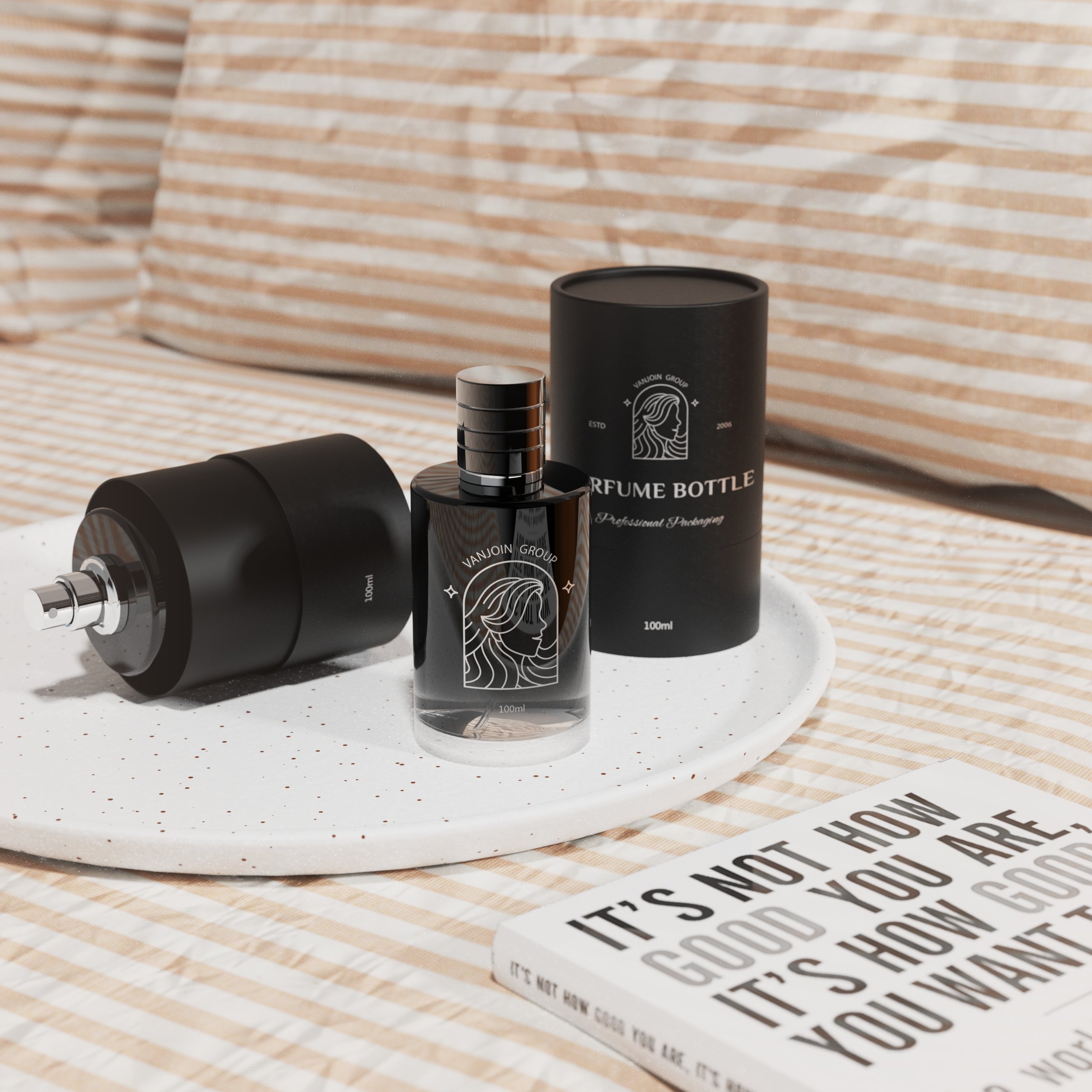 Wholesale Luxury Design 50ml 100ml Empty Cute Frosted Black Glass Perfume Bottle and Box Packaging Set