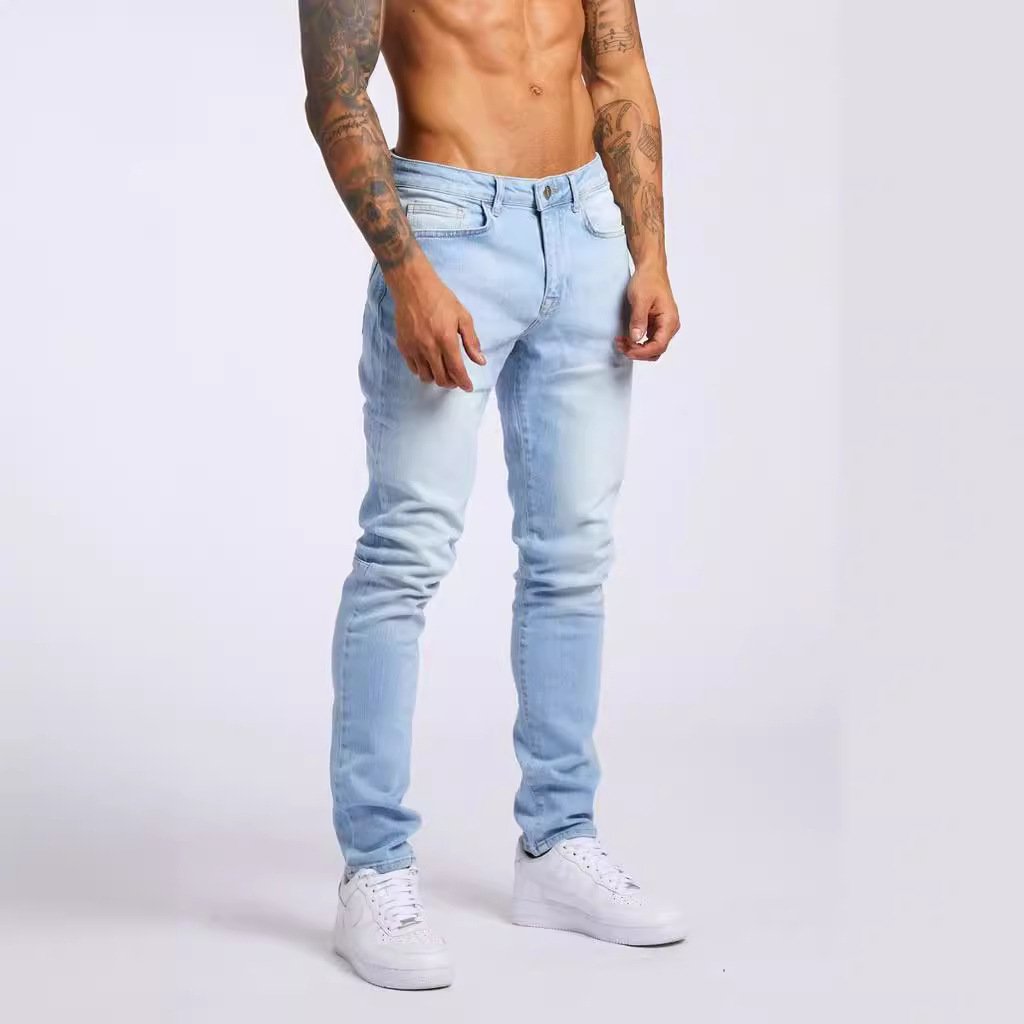 European and American men's slim fit high waisted denim leggings, fashionable solid color straight leg casual new denim jeans