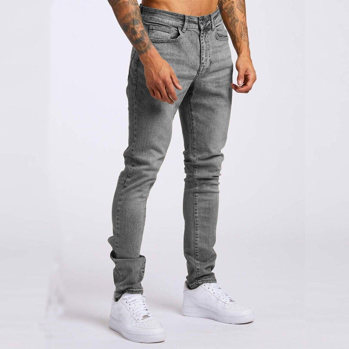European and American men's slim fit high waisted denim leggings, fashionable solid color straight leg casual new denim jeans