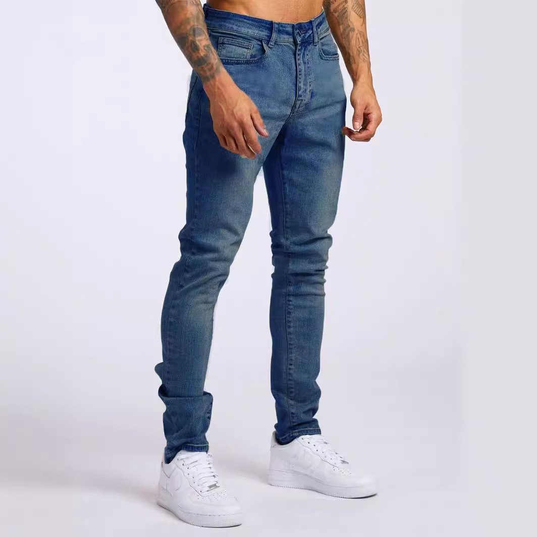 European and American men's slim fit high waisted denim leggings, fashionable solid color straight leg casual new denim jeans