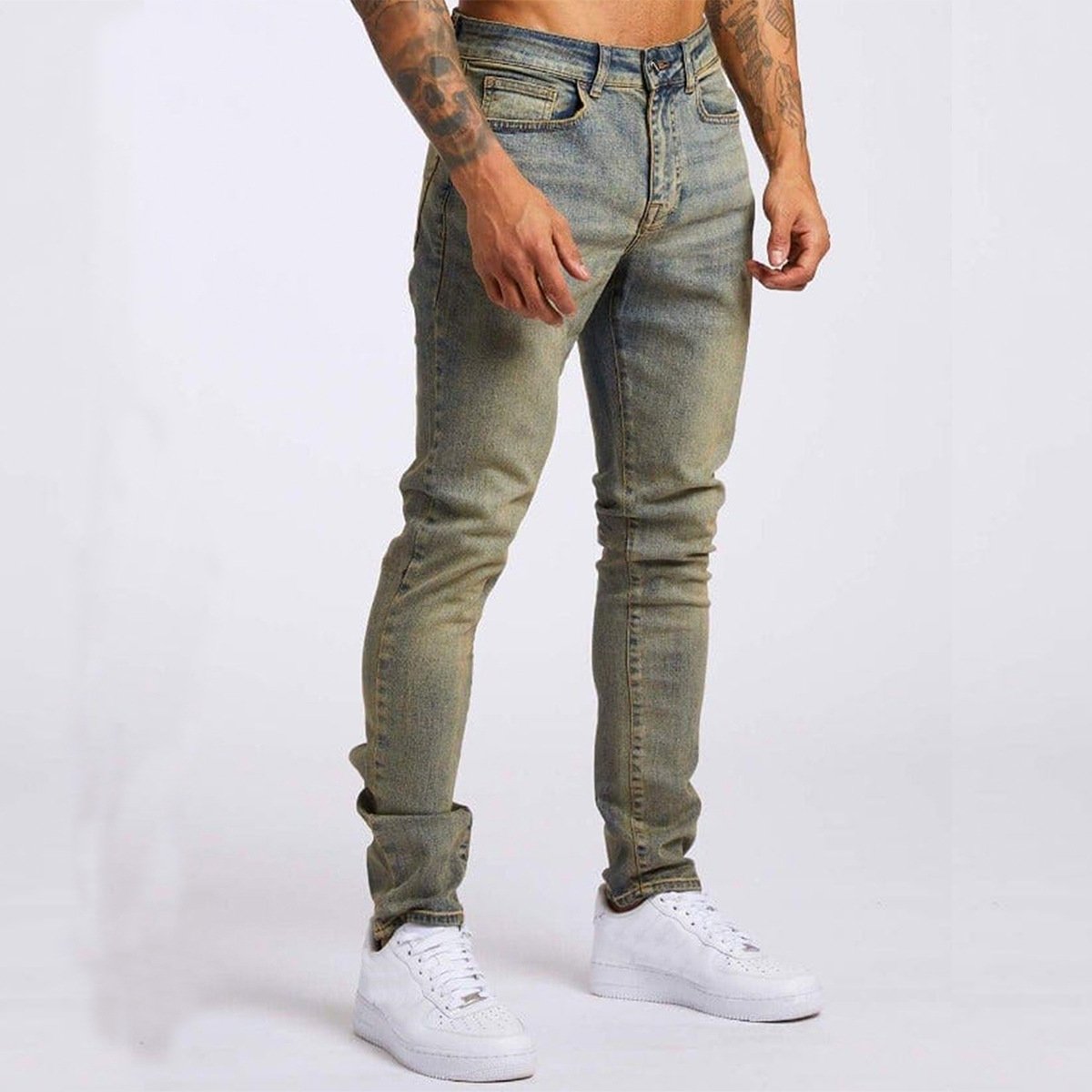 European and American men's slim fit high waisted denim leggings, fashionable solid color straight leg casual new denim jeans